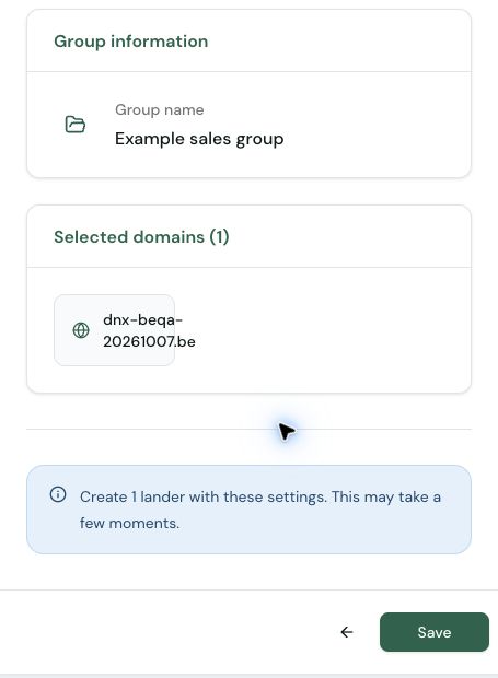 Summary showing an example group, one selected domain and Save
