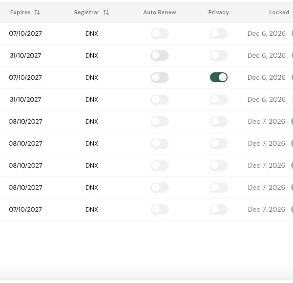 Domain filter panel with extension, registrar, privacy and auto-renew choices