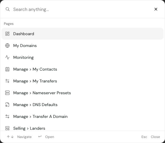 Quick search dialog listing DNX pages with keyboard shortcuts