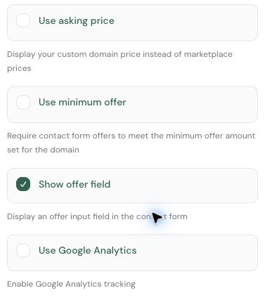 Use asking price, Use minimum offer and Show offer field controls