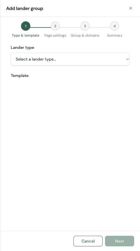 Add lander group wizard with Type and template, Page settings, Group and domains, and Summary steps