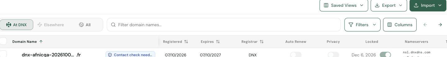 Domain toolbar with search, At DNX, Elsewhere, All, Filters and Columns