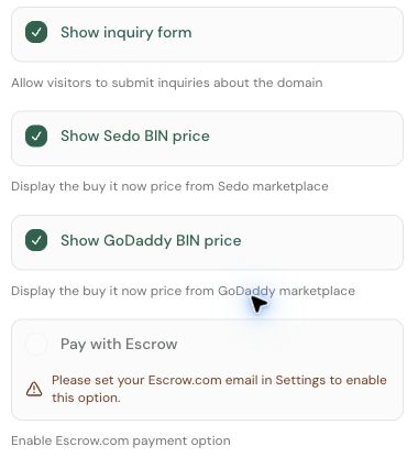 Inquiry form, Sedo and GoDaddy prices, and the Escrow prerequisite