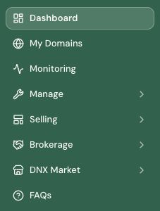 DNX navigation with Dashboard, My Domains, Monitoring, Manage, Selling and Brokerage