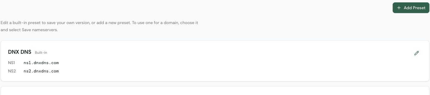 Built-in nameserver presets in the DNX preset library