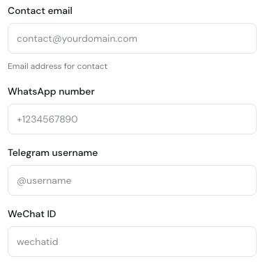 Optional contact email, WhatsApp, Telegram and WeChat fields
