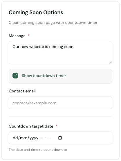 Coming Soon message and optional countdown target date